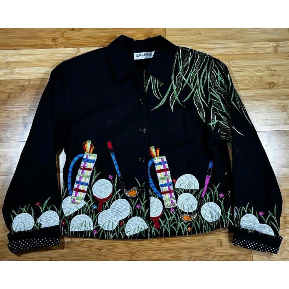 ANAGÉ Golf Theme Jacket M Art to Wear Embroidered Cotton Polka Dot Lining VTG